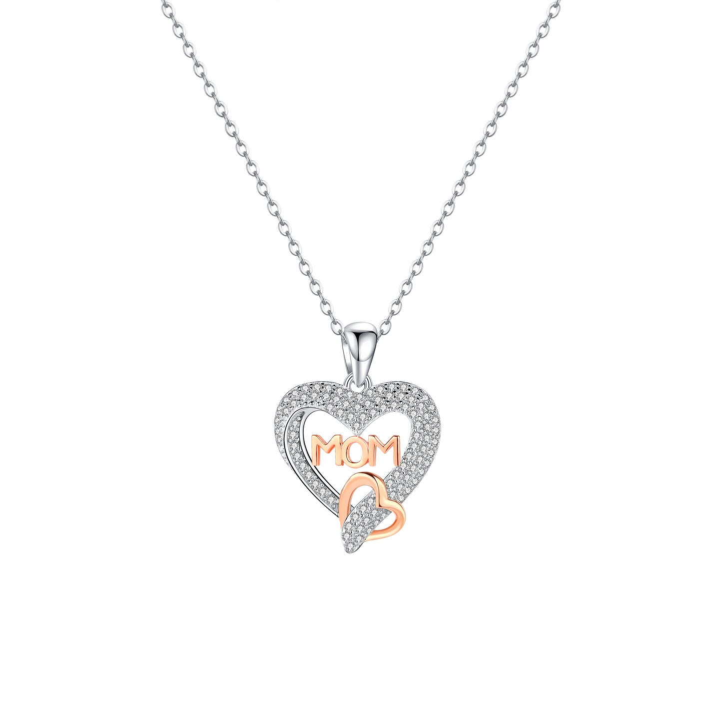 Rosegold Plated Dual Heart Mom Pendant With Chain In Sterling Silver