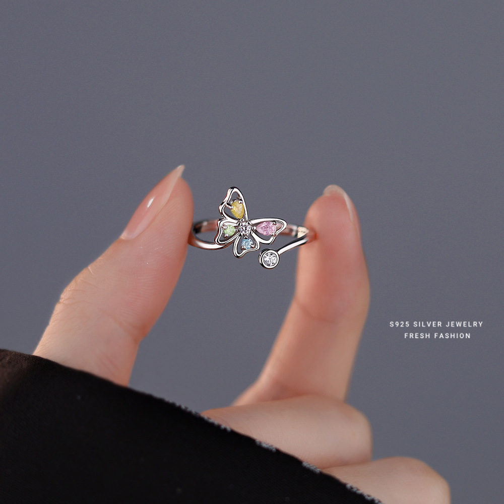 Multicolor CZ Butterfly Adjustable Silver Ring