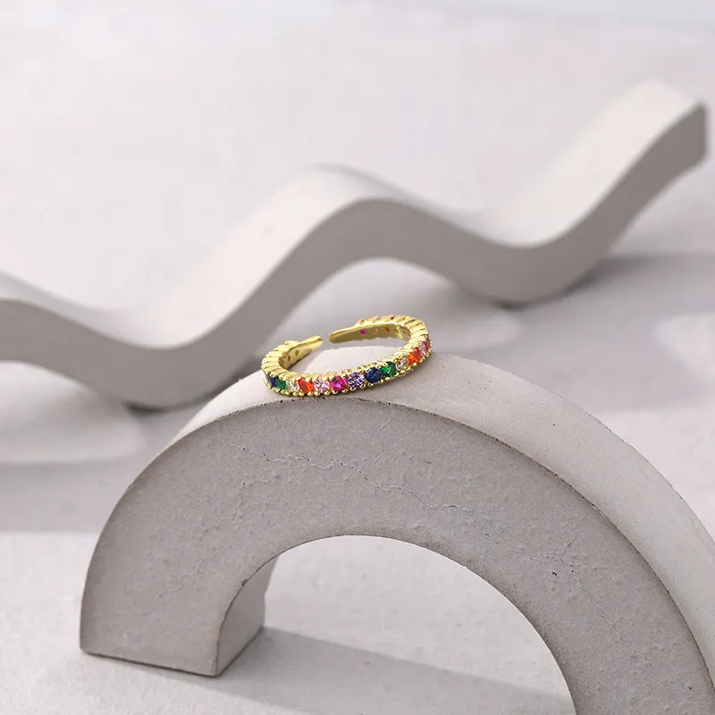Gold Plated Adjustable Rainbow Cubic Zirconia Eternity Band In 925 Silver