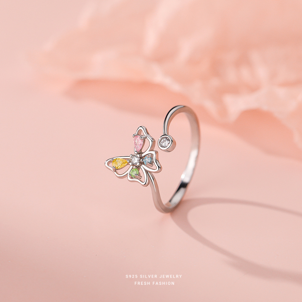 Multicolor CZ Butterfly Adjustable Silver Ring