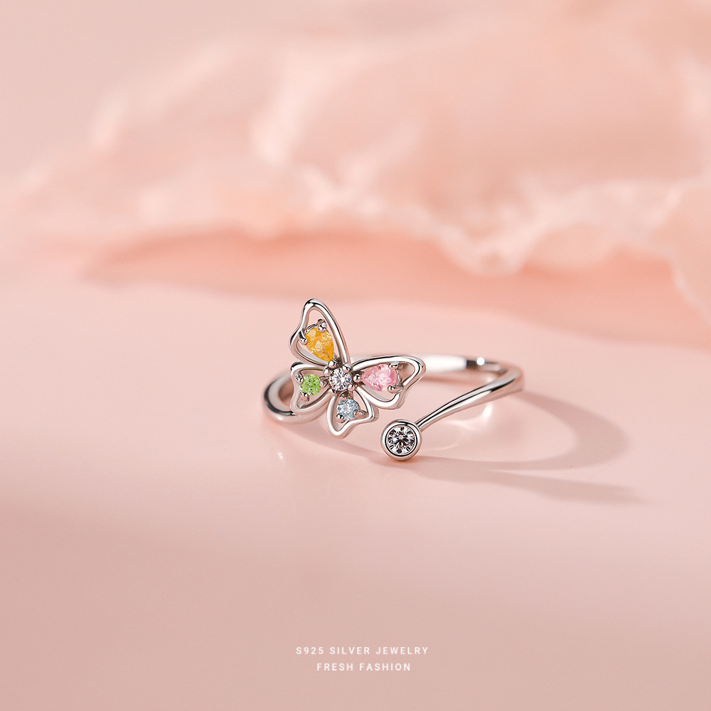 Multicolor CZ Butterfly Adjustable Silver Ring