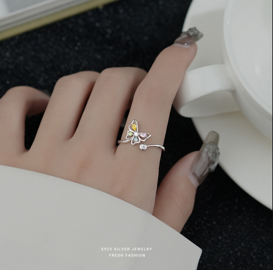 Multicolor CZ Butterfly Adjustable Silver Ring