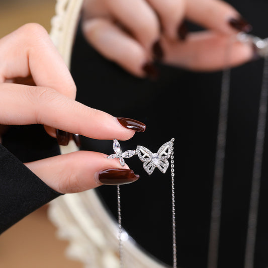 925 Sterling Silver Double Butterfly Cz Necklace For Women & Girls