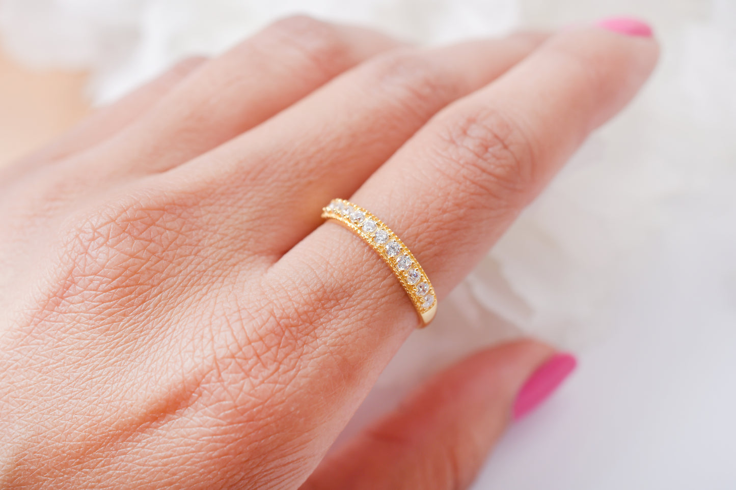 gold plated sterling silver wedding band , lifestyle view
