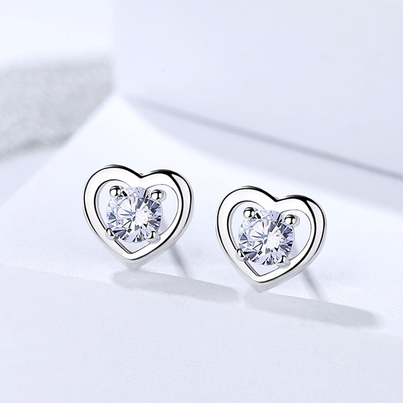 Silver Solitaire Heart Stud Earrings