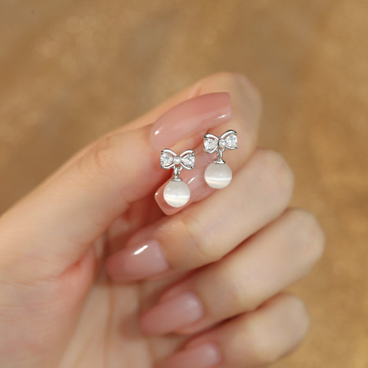 999 Sterling Silver Cute Bow crystal Dangle Earrings