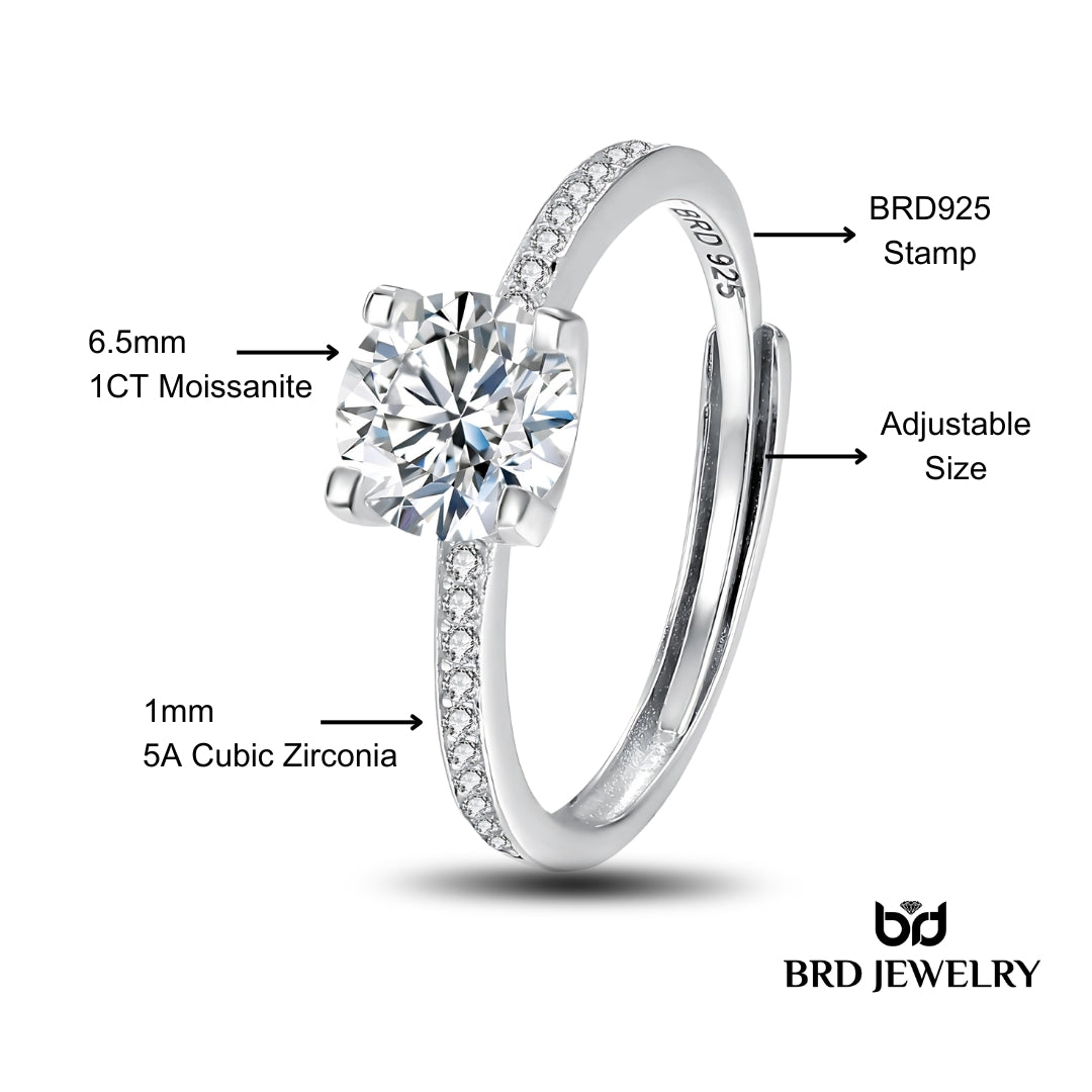 1 Ct GRA Certified Moissanite Adjustable Ring In Sterling Silver