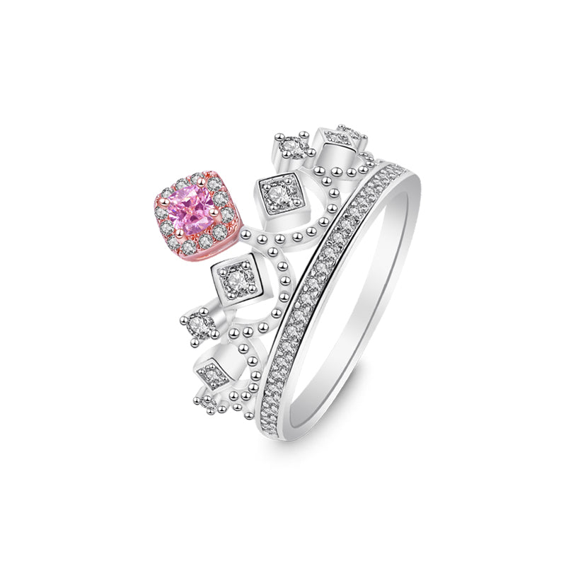Pink Solitaire Princess Crown Silver Ring
