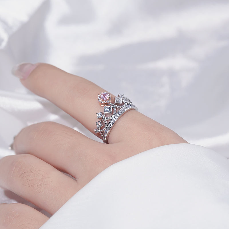 Pink Solitaire Princess Crown Silver Ring
