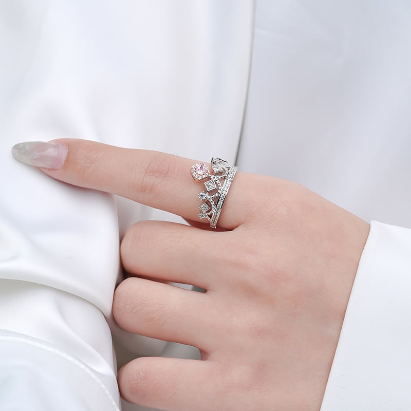 Pink Solitaire Princess Crown Silver Ring