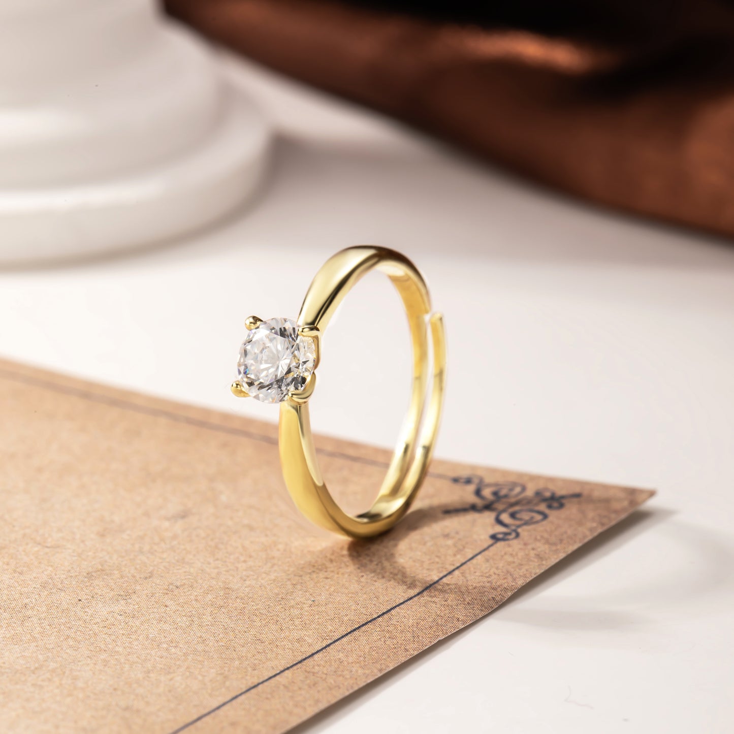 18k Gold Plated Solitaire Ring - Adjustable Gold Ring