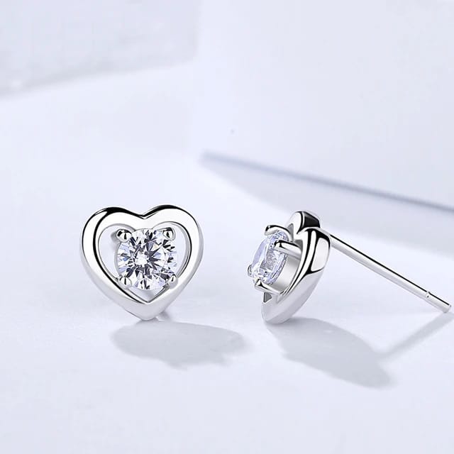 Silver Solitaire Heart Stud Earrings