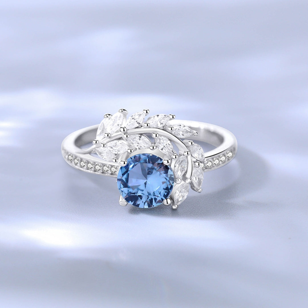 925 Sterling Silver Blue Diamond Cz Feather Ring