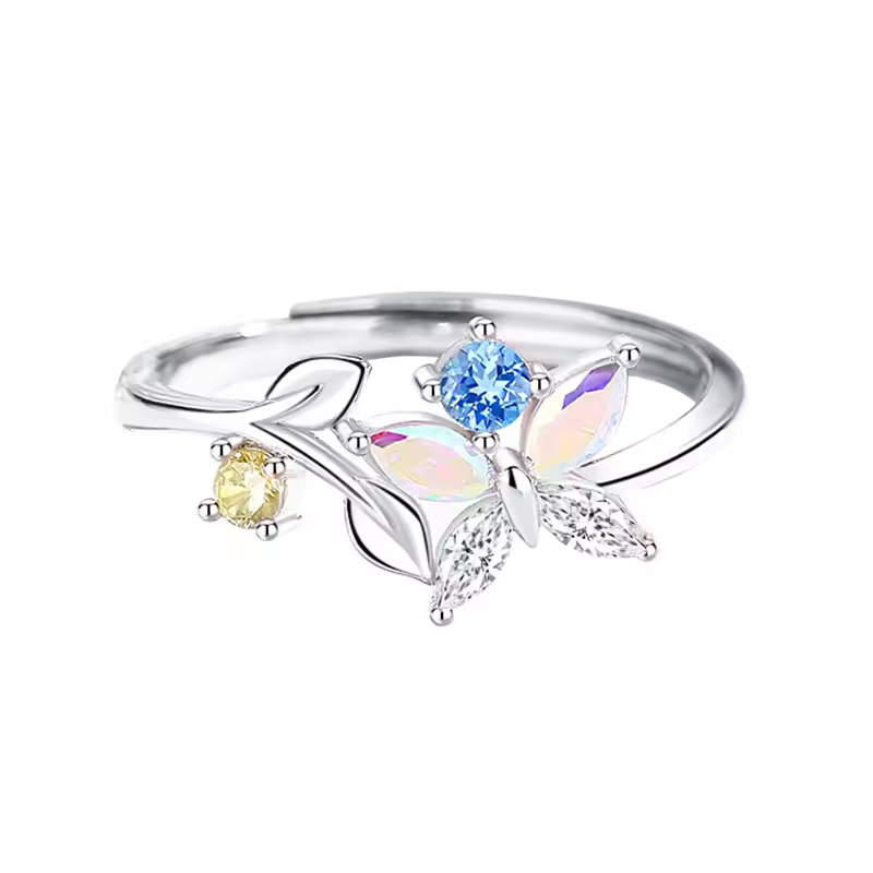 Multicolor Diamond Butterfly Adjustable Ring In 925 Sterling Silver