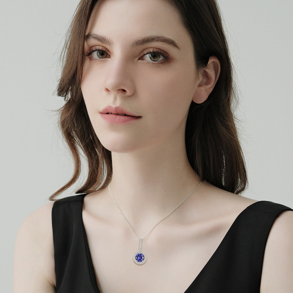 Round Halo Tanzanite Pendant With Chain