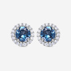 Natural London Blue Topaz Halo Round Stud Earrings In 925 Sterling Silver