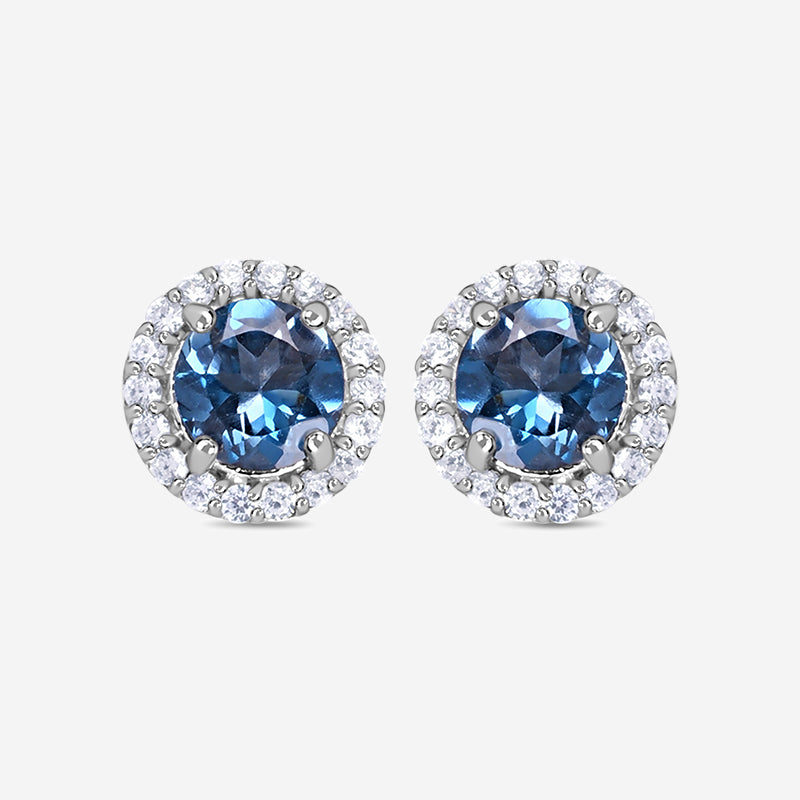 Natural London Blue Topaz Halo Round Stud Earrings In 925 Sterling Silver
