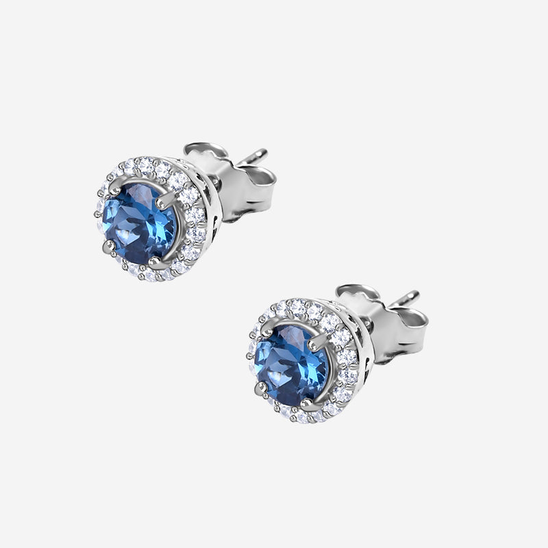 Natural London Blue Topaz Halo Round Stud Earrings In 925 Sterling Silver