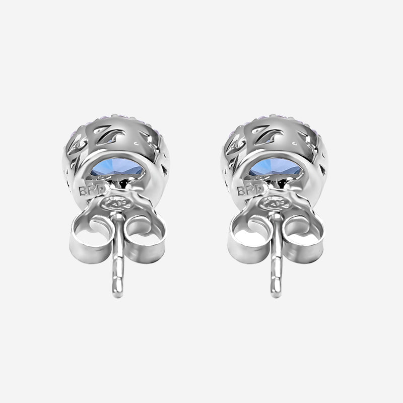 Natural London Blue Topaz Halo Round Stud Earrings In 925 Sterling Silver