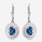 Natural London Blue Topaz Double Halo Dangle Earrings In 925 Sterling Silver