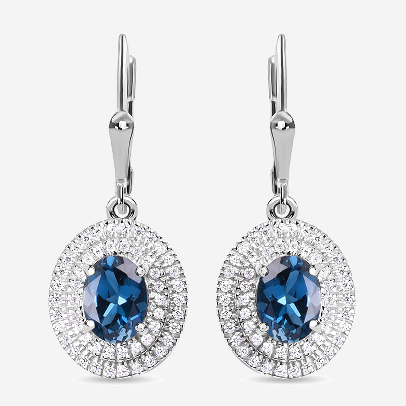 Natural London Blue Topaz Double Halo Dangle Earrings In 925 Sterling Silver