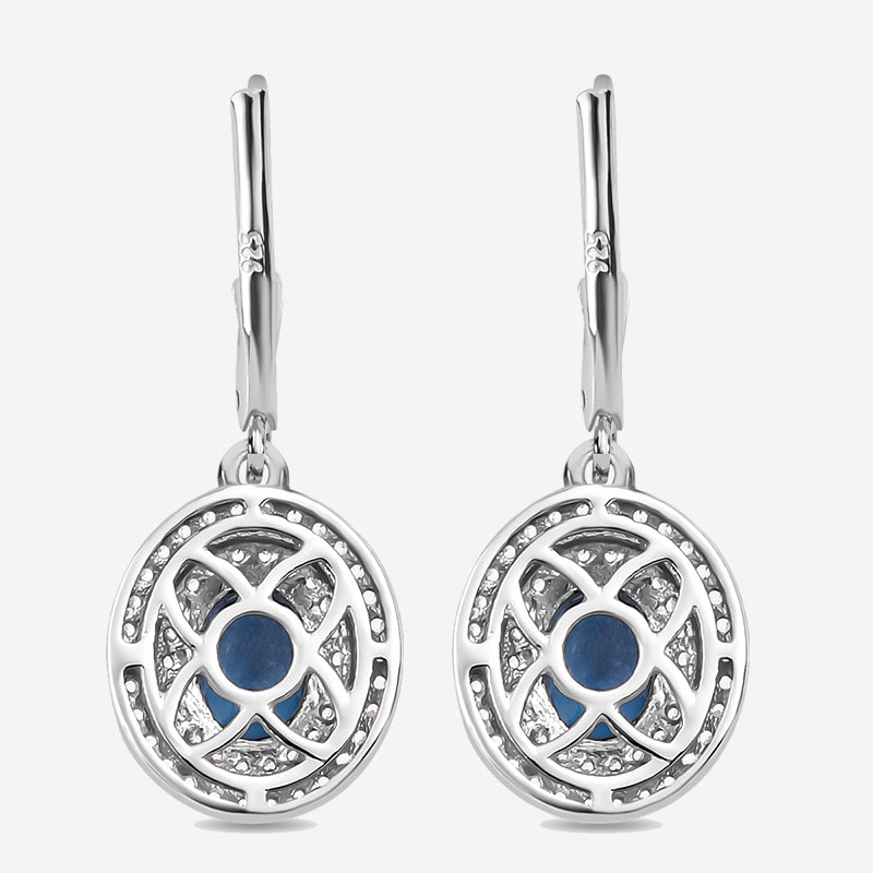 Natural London Blue Topaz Double Halo Dangle Earrings In 925 Sterling Silver