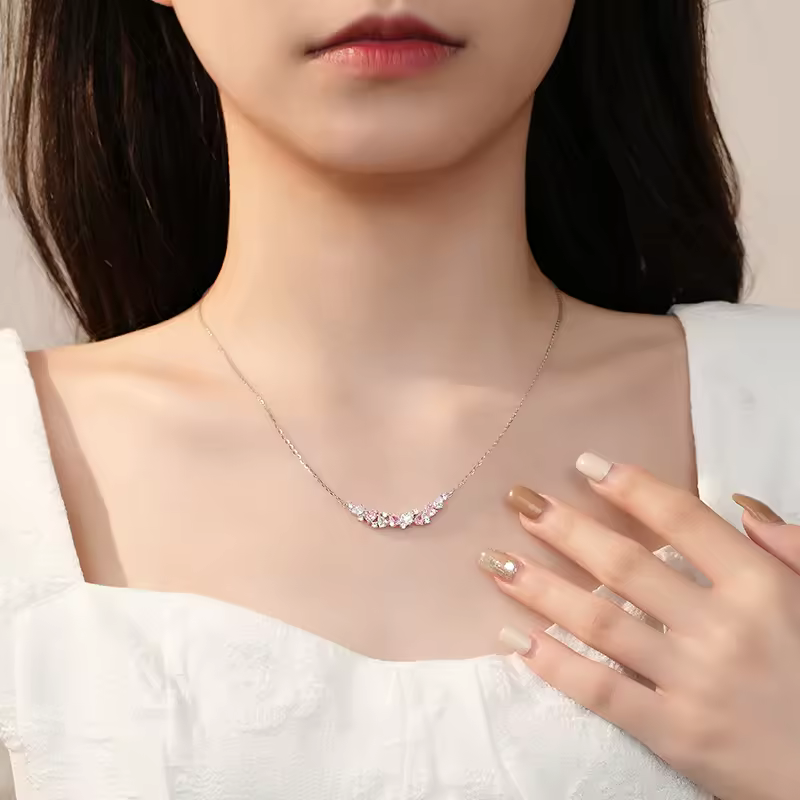 Pink Heart Princess Necklace In 925 Sterling Silver