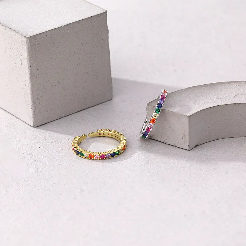 Gold Plated Adjustable Rainbow Cubic Zirconia Eternity Band In 925 Silver