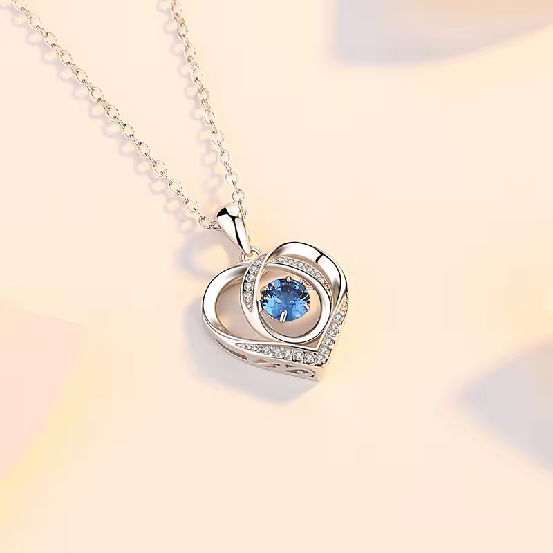 Sterling Silver Heart Pendant Necklace with Blue Gemstone