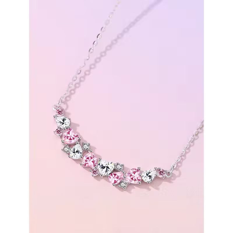 Pink Heart Princess Necklace In 925 Sterling Silver