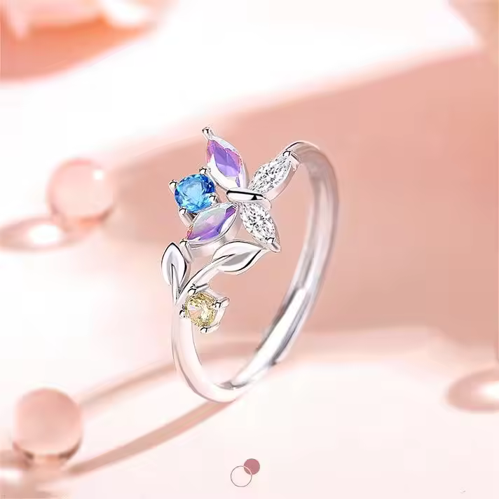 Multicolor Diamond Butterfly Adjustable Ring In 925 Sterling Silver