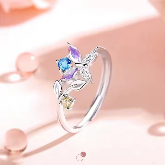 Multicolor Diamond Butterfly Adjustable Ring In 925 Sterling Silver