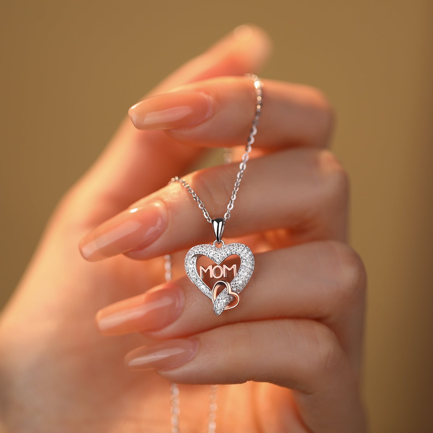 Rosegold Plated Dual Heart Mom Pendant With Chain In Sterling Silver