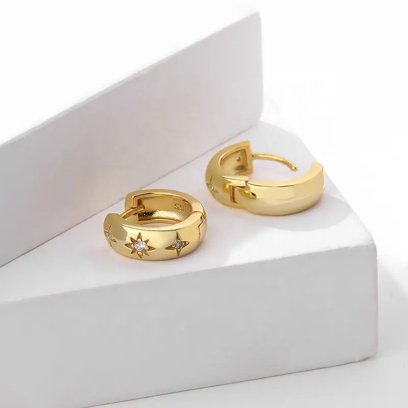 Gold Plated Hoop Earrings with Starburst Design