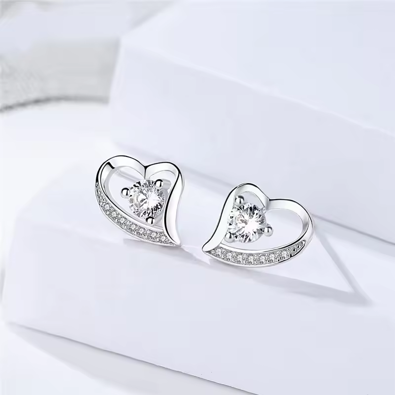 Sparkling Heart Stud Earrings In 925 Sterling Silver