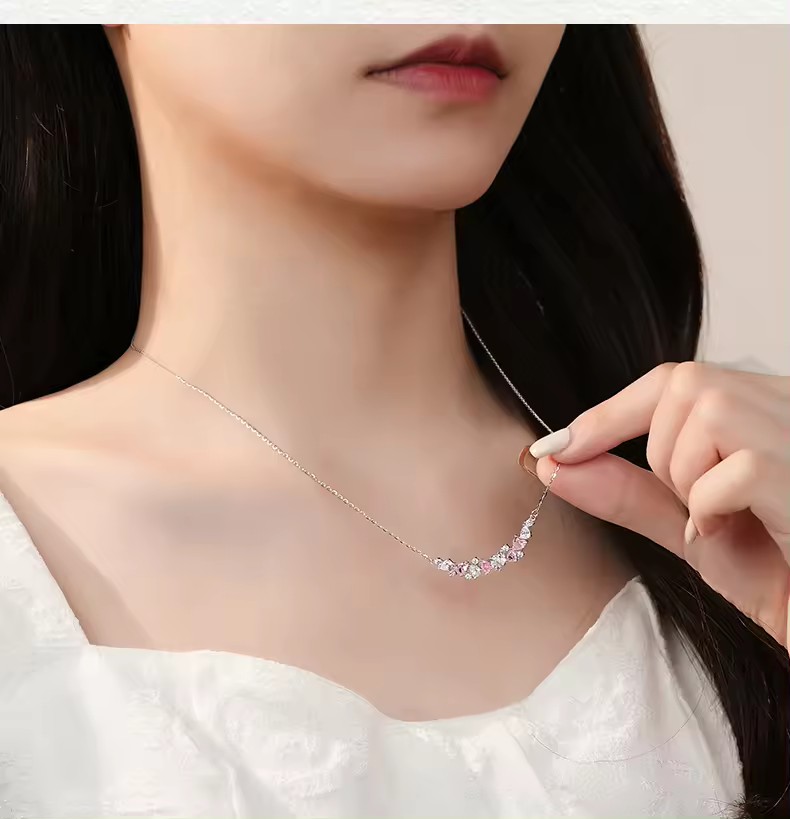 Pink Heart Princess Necklace In 925 Sterling Silver