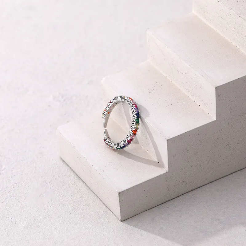 Gold Plated Adjustable Rainbow Cubic Zirconia Eternity Band In 925 Silver