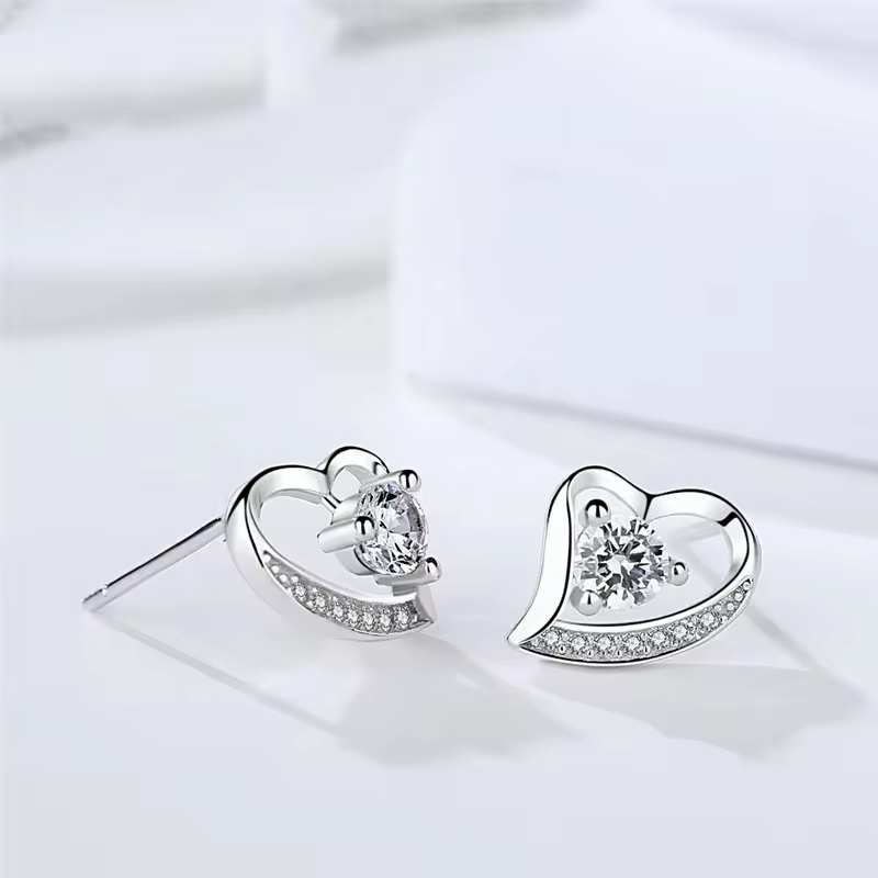 Sparkling Heart Stud Earrings In 925 Sterling Silver