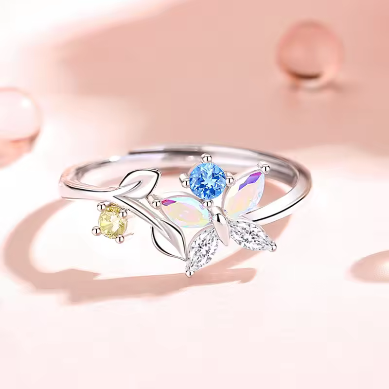 Multicolor Diamond Butterfly Adjustable Ring In 925 Sterling Silver