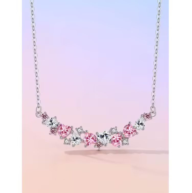 Pink Heart Princess Necklace In 925 Sterling Silver