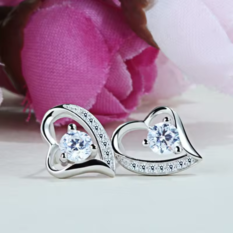 Sparkling Heart Stud Earrings In 925 Sterling Silver