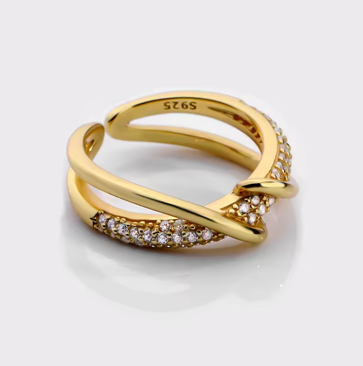 Stylish Twisted White Austria Zircon 14k Gold Plated Adjustable Ring