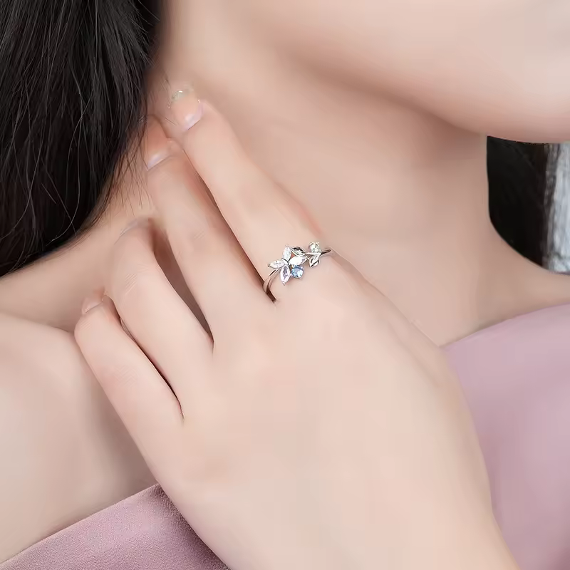 Multicolor Diamond Butterfly Adjustable Ring In 925 Sterling Silver