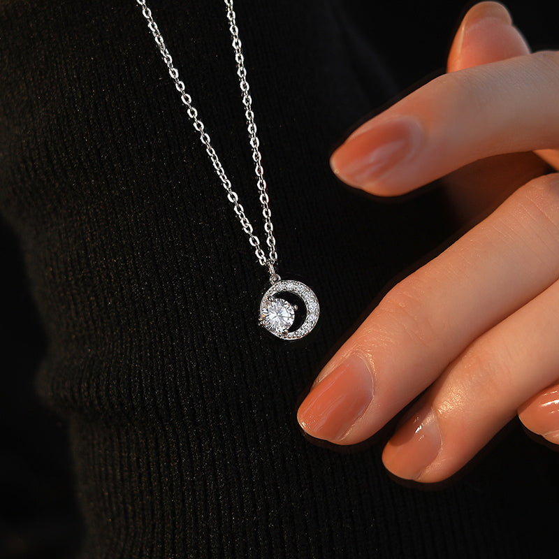 925 Sterling Sparkling Cz Moon Pendant Necklace For Women & Girls