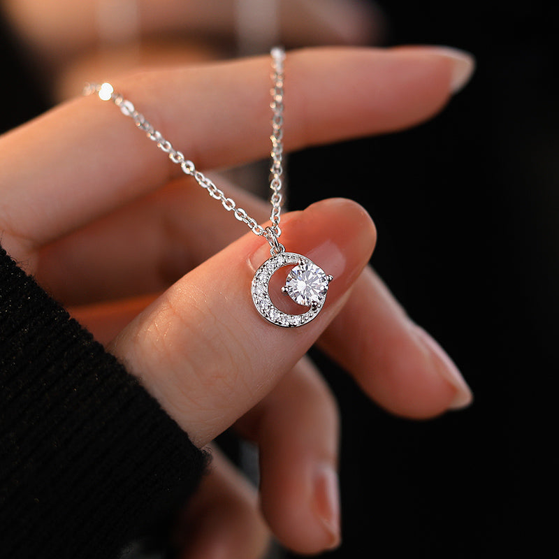 925 Sterling Sparkling Cz Moon Pendant Necklace For Women & Girls