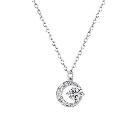 925 Sterling Sparkling Cz Moon Pendant Necklace For Women & Girls