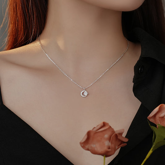 925 Sterling Sparkling Cz Moon Pendant Necklace For Women & Girls