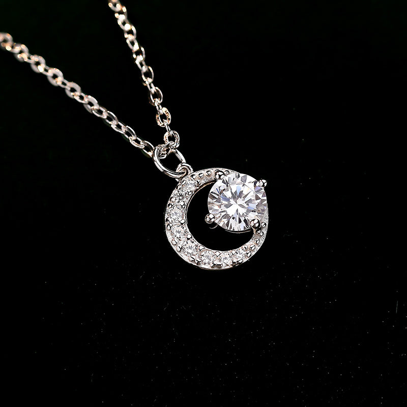 925 Sterling Sparkling Cz Moon Pendant Necklace For Women & Girls