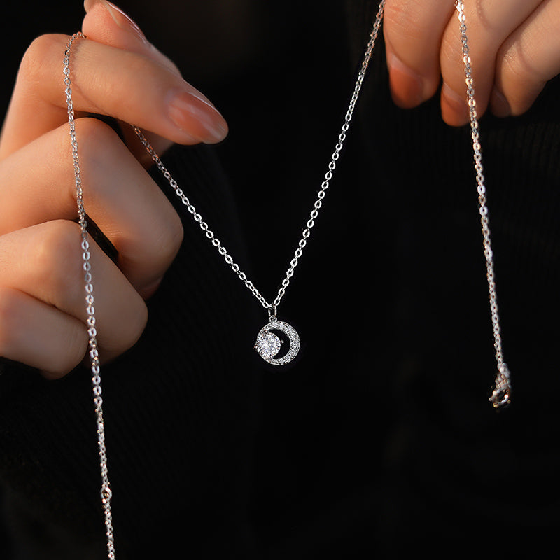 925 Sterling Sparkling Cz Moon Pendant Necklace For Women & Girls