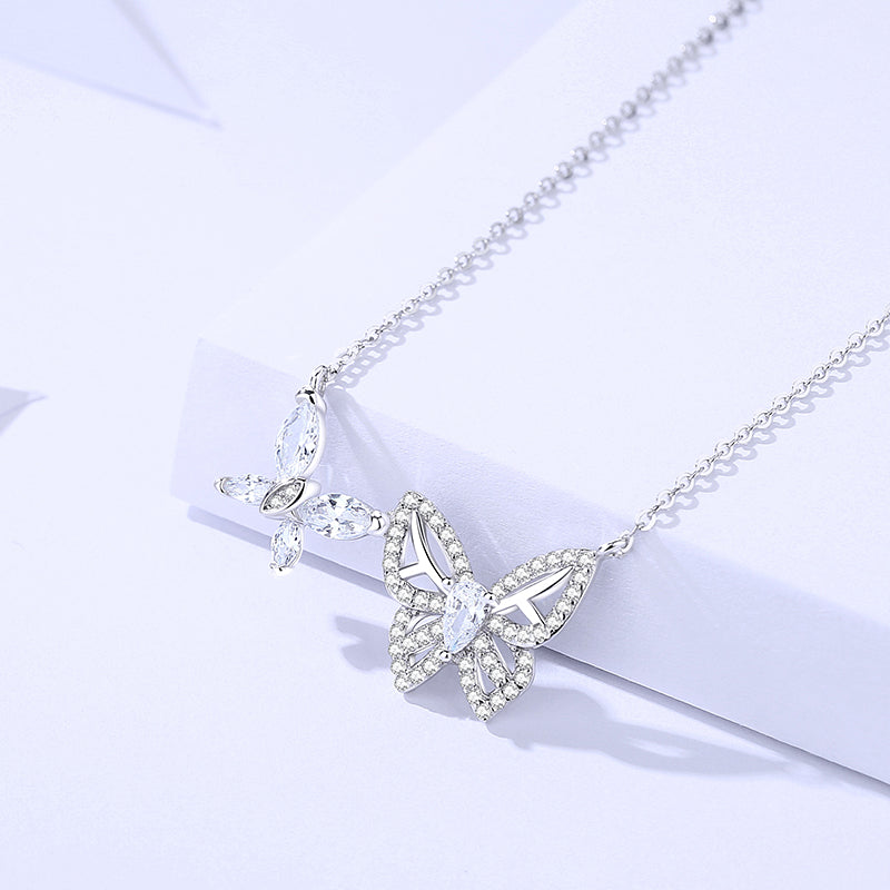 925 Sterling Silver Double Butterfly Cz Necklace For Women & Girls